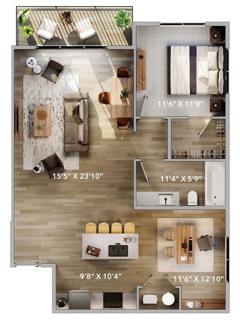 A detailed floor plan of a small apartment with a living room, kitchen, and bedroom.
